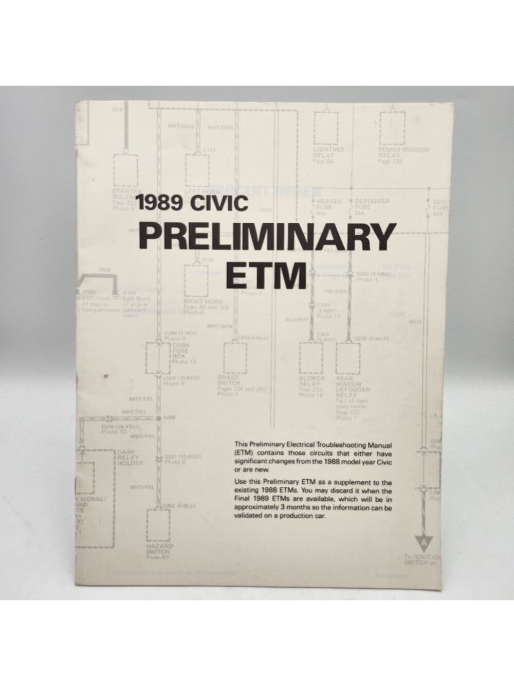 1989 Honda Civic Preliminary ETM Electrical Troubleshooting Manual